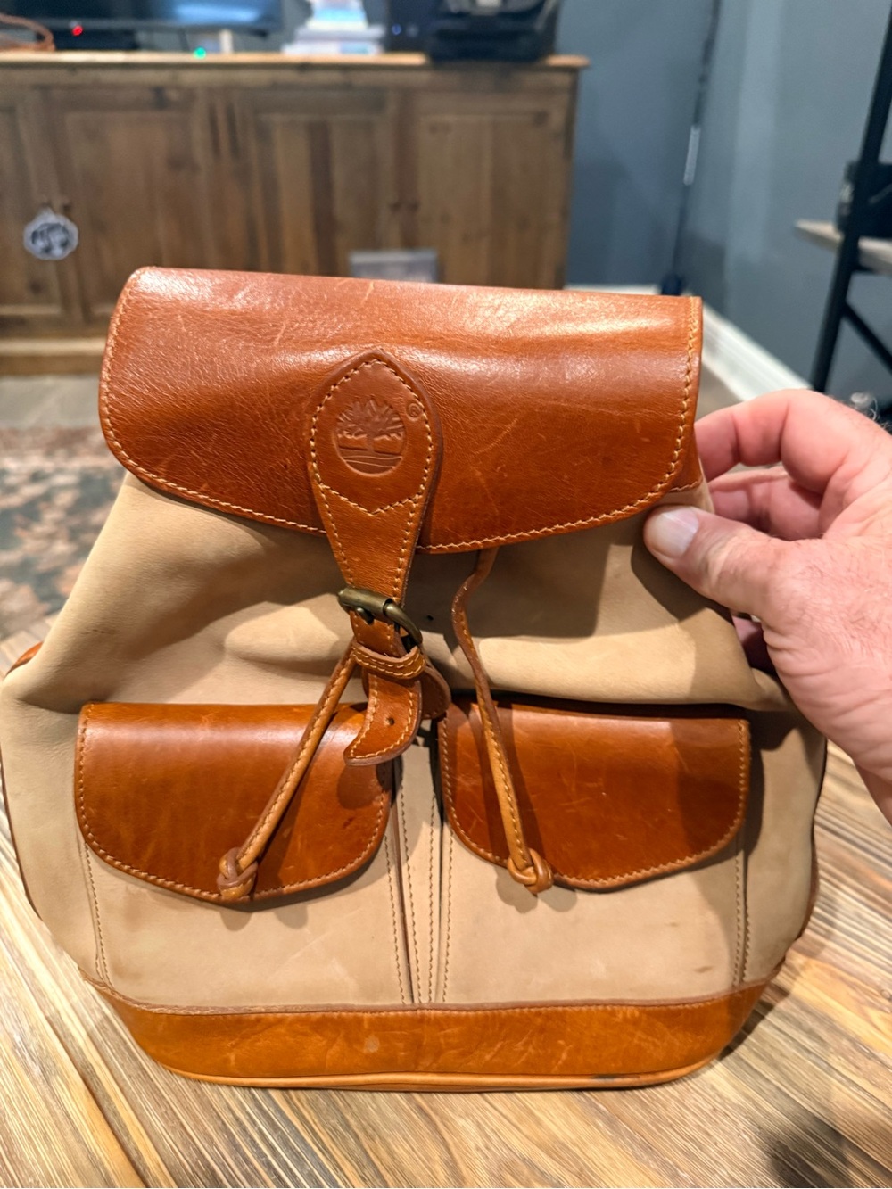 Vintage Timberland Tan & Brown Leather-Trim Backpack / Rucksack